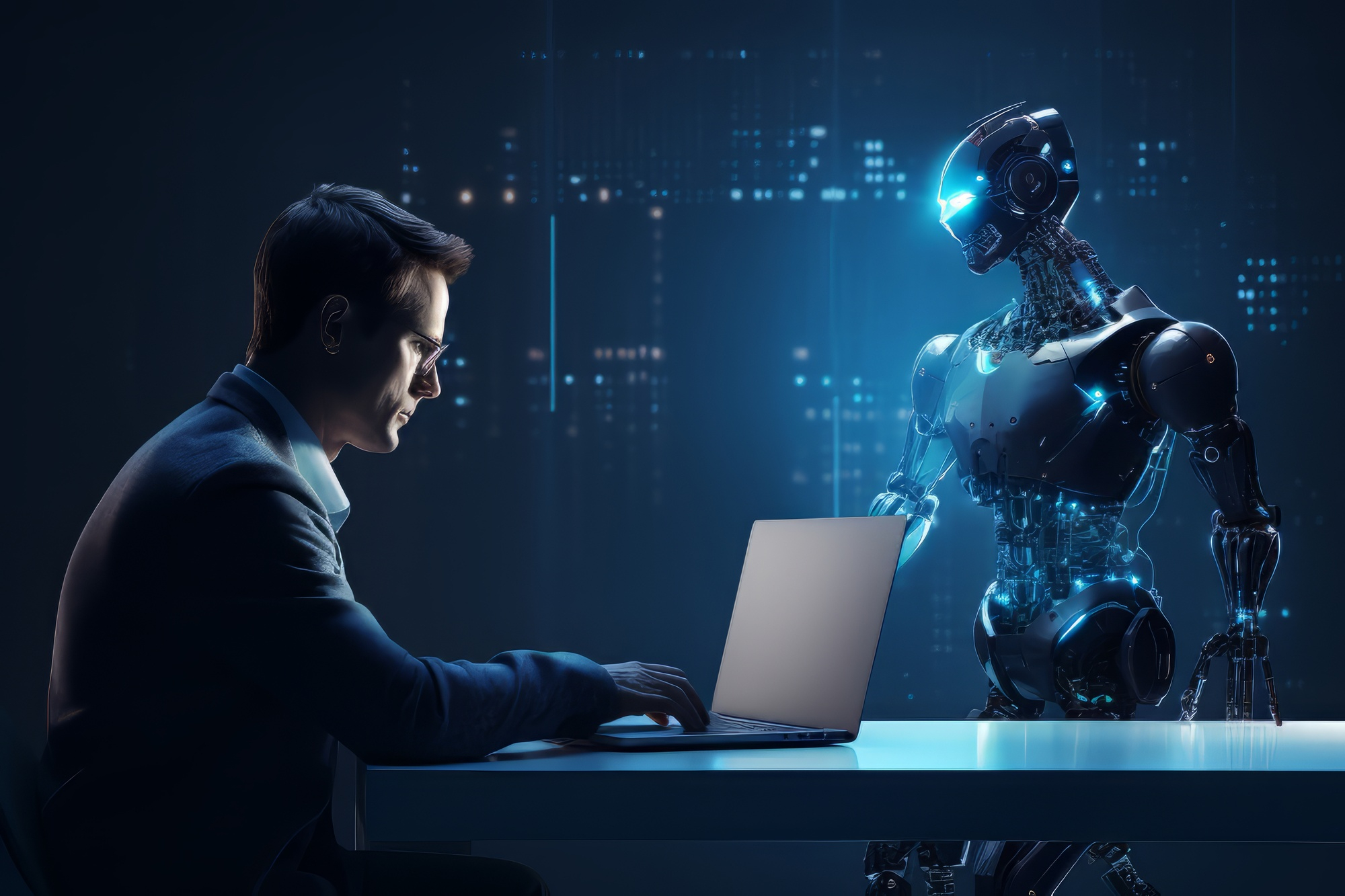A professional man in a suit working on a laptop at a desk, facing a glowing, futuristic robotic AI entity in a dark, high-tech office setting.